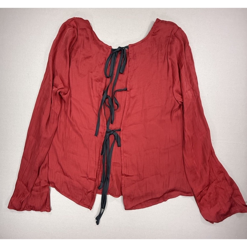 Free People Top Womens Medium Red Black Long Sleeve Evening Satin Open Tie Back - Picture 5 of 11